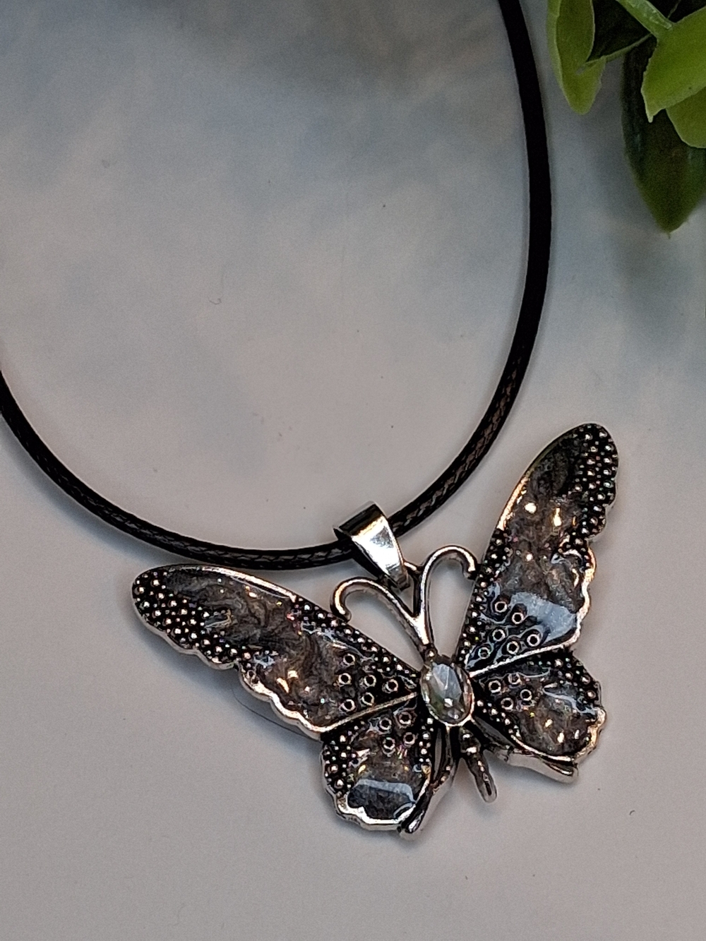Grey And Black Butterfly Necjlace With Central Stone